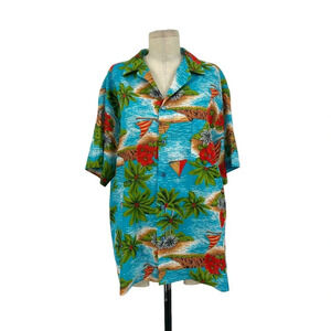 Hilo Hattie Men's Hawaiian Shirt Blue Sailboat Ocean Palm Print Tropical Size XL